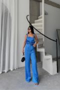 JAKARLI BLUZU TASARIM DETAYLI CEKET-PANTOLON-BLUZ 3 LÜ TAKIM - Mavi resmi
